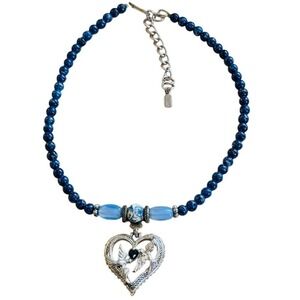 Victorian Style Heart Love birds Necklace VTG 1928 Blue glass beads ornate 19"